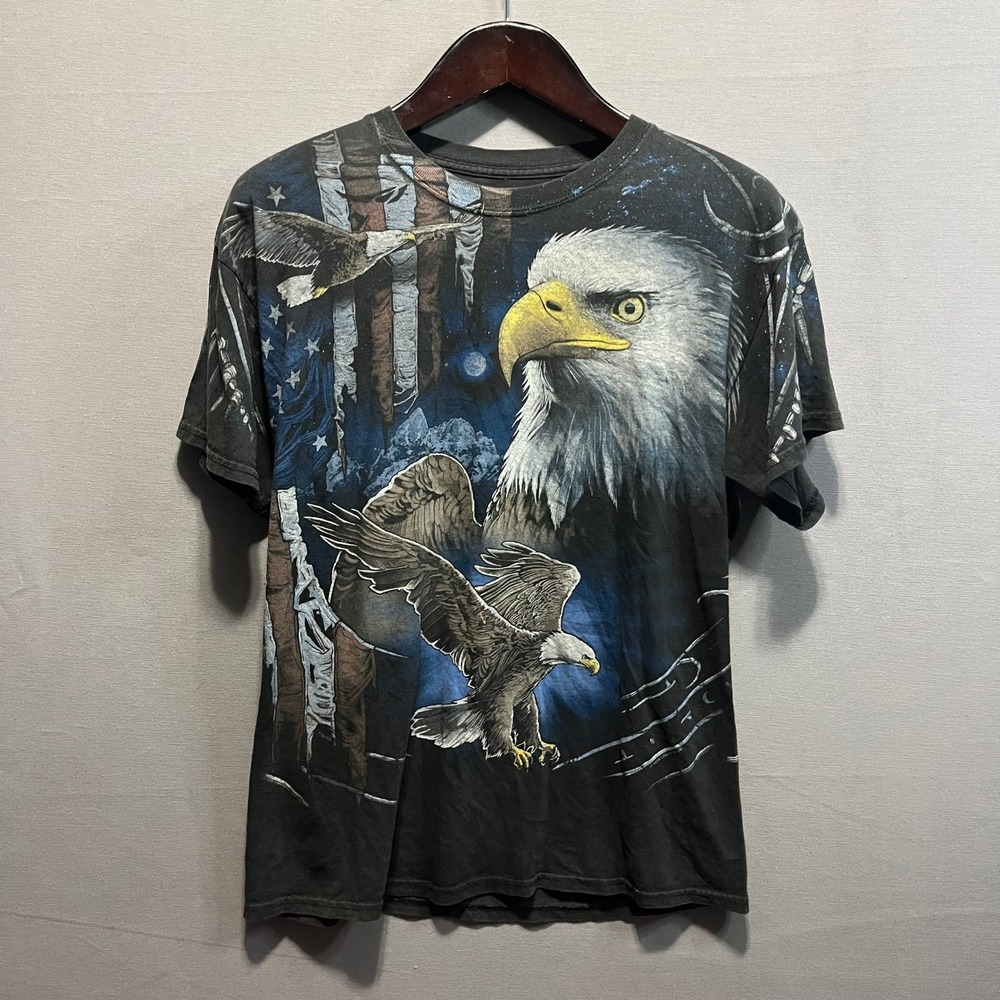 Liquid Blue Bald Eagle American Flag All Over Print T-Shirt Mens Large Black